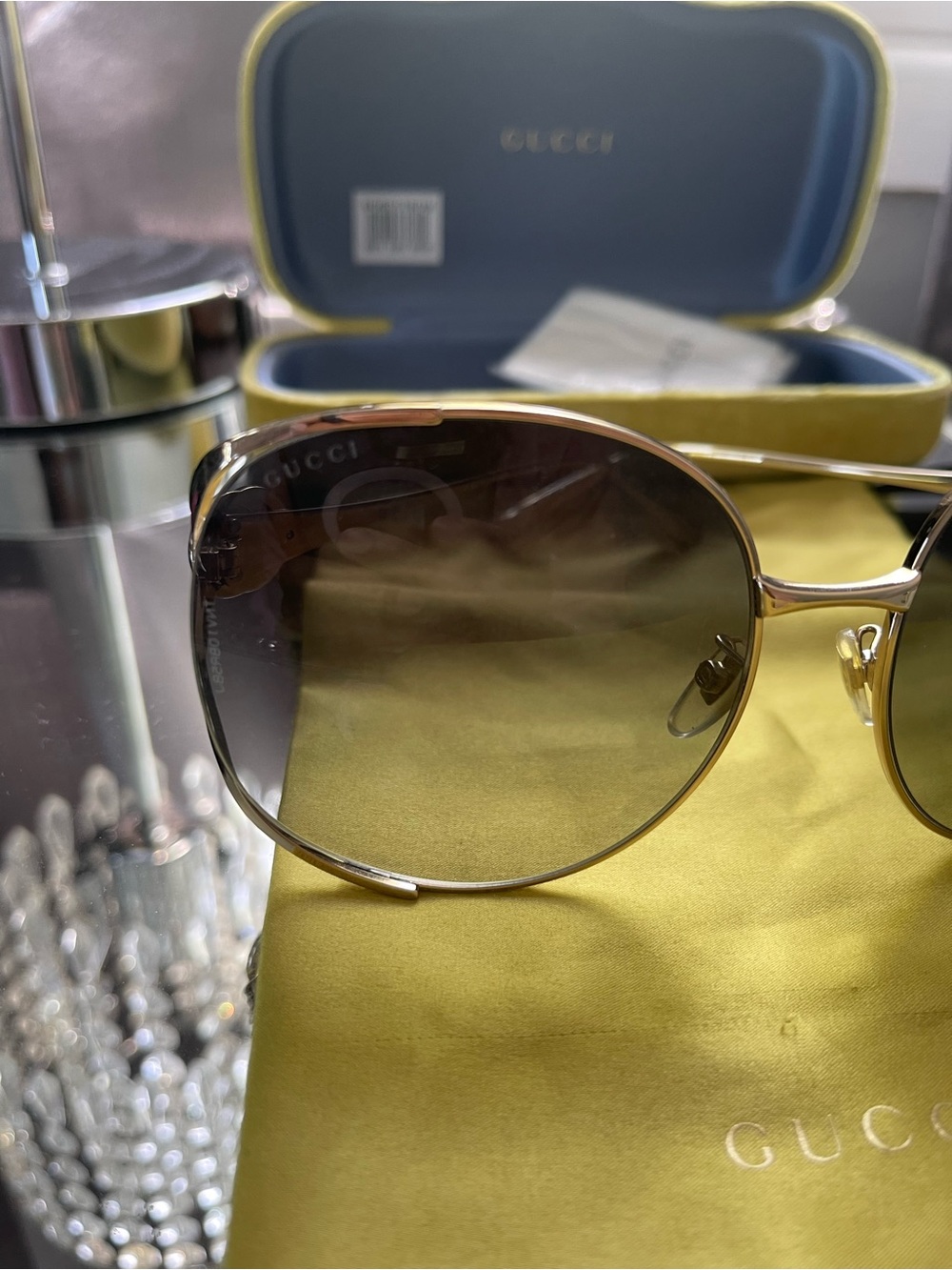 Gucci Gold Frame Sunglasses with Green Temple Stripes and Gradient Lenses - Picture 8 of 10